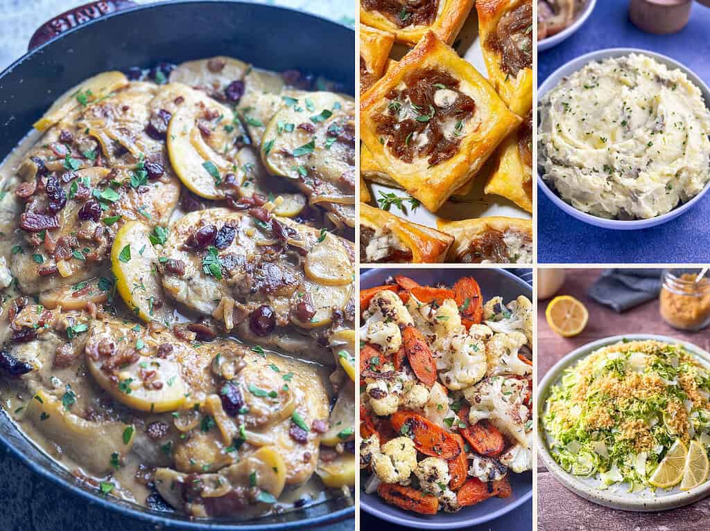 Creamy cider chicken dinner menu with caramelized onion tartlets, rustic mashed potatoes, roasted carrots and cauliflower, and shaved Brussels sprouts salad.