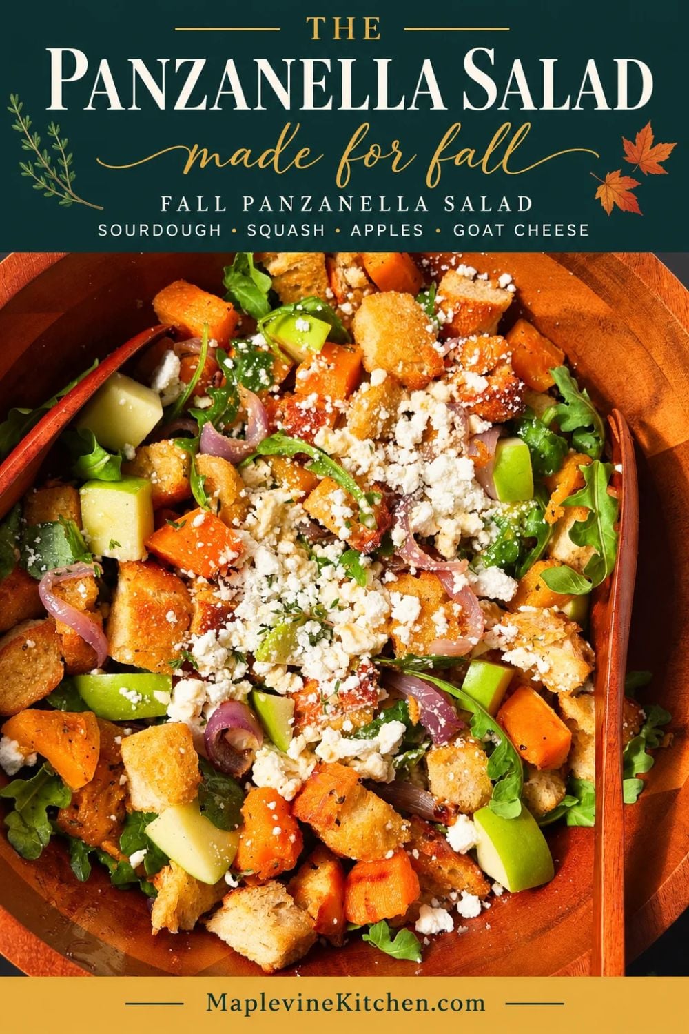 Fall panzanella salad with sourdough, butternut squash, apple, and goat cheese.