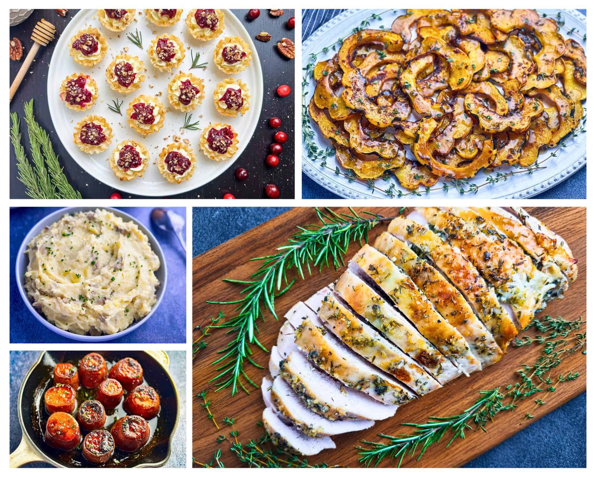 Roasted turkey breast, fondant sweet potatoes, mashed potatoes, cranberry tartlets, and roasted carnival squash - small thanksgiving dinner photo collage.