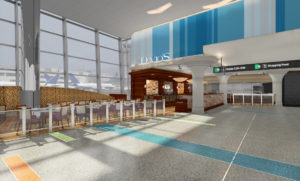 Empty airport terminal with seating, food kiosk, and gate signs.