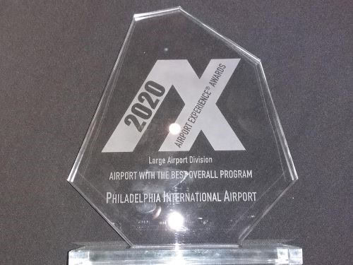 Glass award for Philadelphia International Airport, 2020 Airport Experience Award.