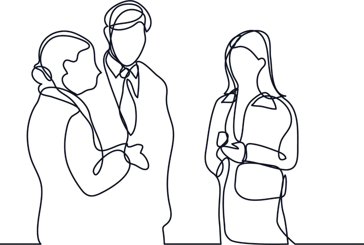 Three people engaged in a discussion or meeting in an office setting.