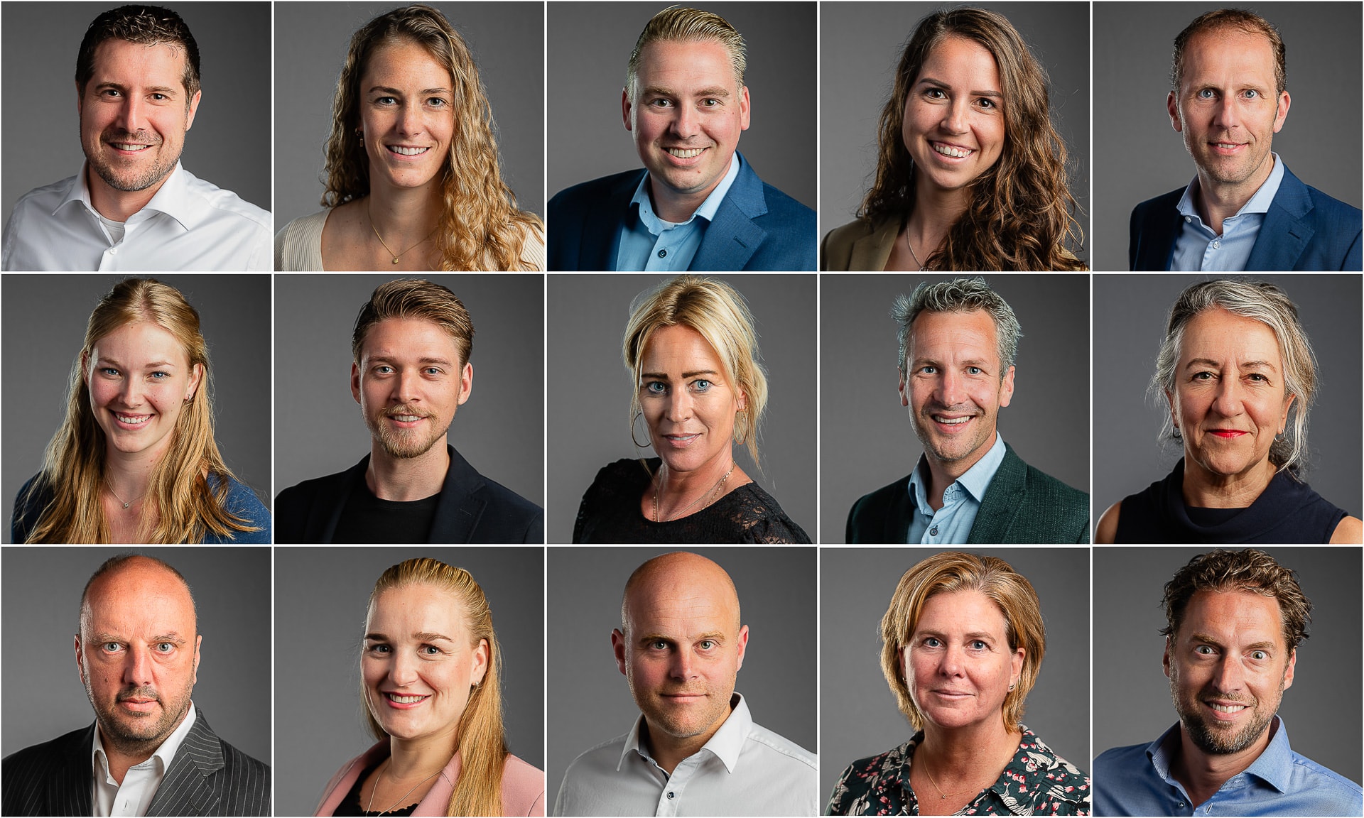 Collage van een team medewerkers voor zakelijke teampagina's met een neutrale achtergrond.