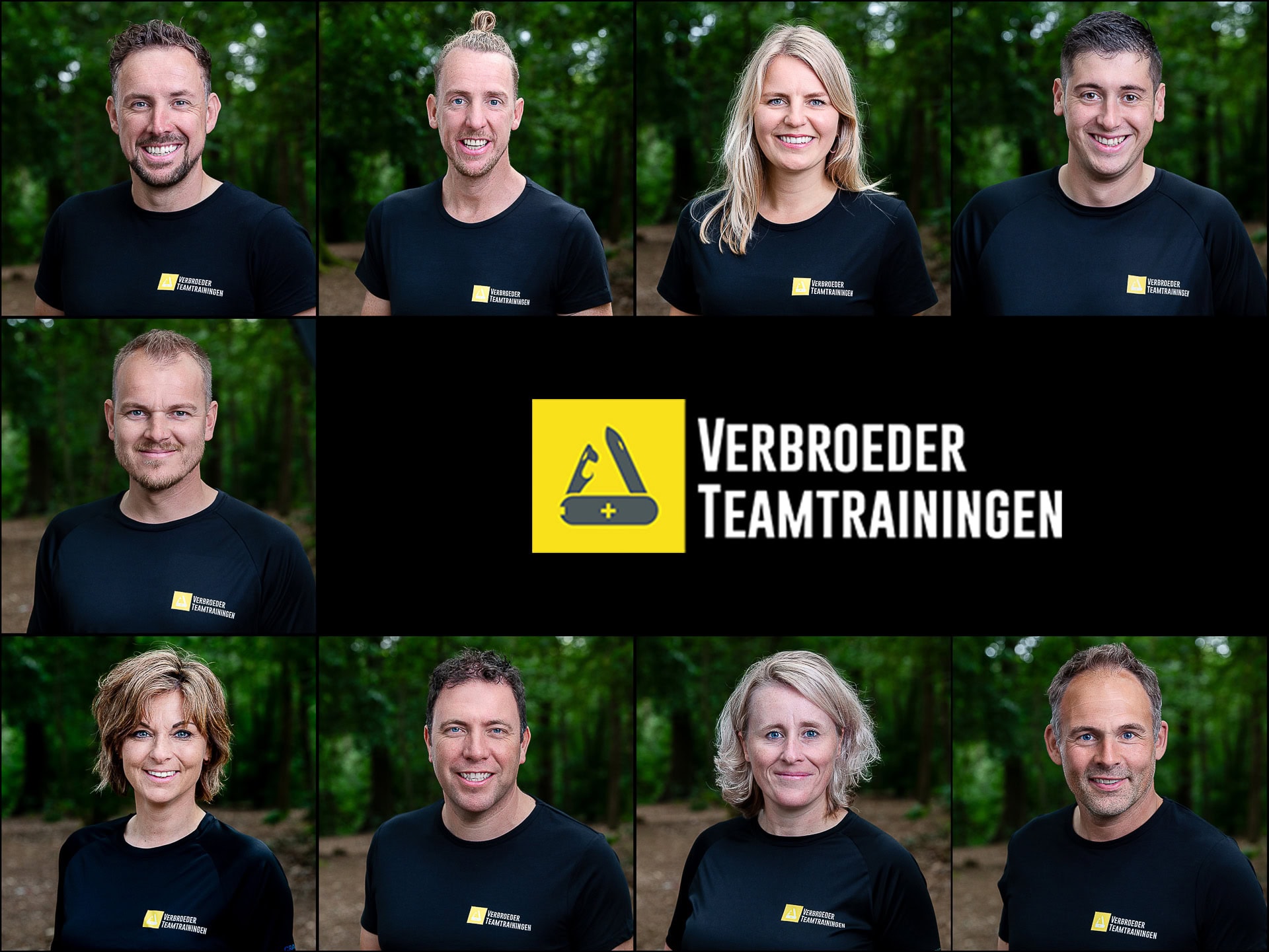 Collage van een team medewerkers voor zakelijke teampagina's in een bosrijke omgeving met logo