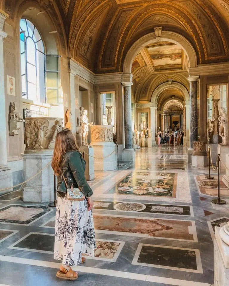 The Vatican Museum is absolutely massive and here's one of the beautiful rooms inside, all the floors are made with different mosaic marble, the walls have intricate decor, and of course the ceiling has intricate murals and detailing. This specific room is also lined with statues on either side, careful not to block the large windows that are allowing so much incredible morning light through.