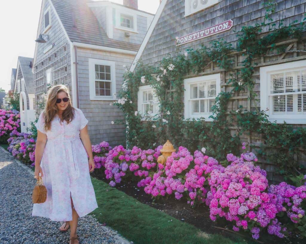 This is another example of beautiful Nantucket architecture and this small cottage is adorned with white roses on the front as well as lots of hydrangeas and a yellow fire hydrant right in the middle.