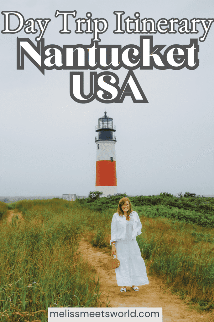 Here's the white and red Sankaty Lighthouse that you can find at the end of the Sconset Bluff Walk in Sconset Nantucket. If you want to visit you can visit by bike as they have bike racks, but very limited parking so I wouldn't advise bringing your car just like I don't advise bringing it when taking a day trip to Nantucket.