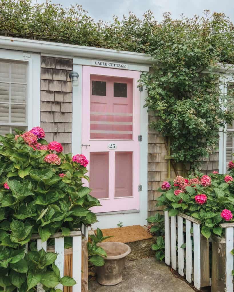 This is another very small but quaint cottage in Sconset, Nantucket with its famous pink door and pink hydrangeas lining the front.