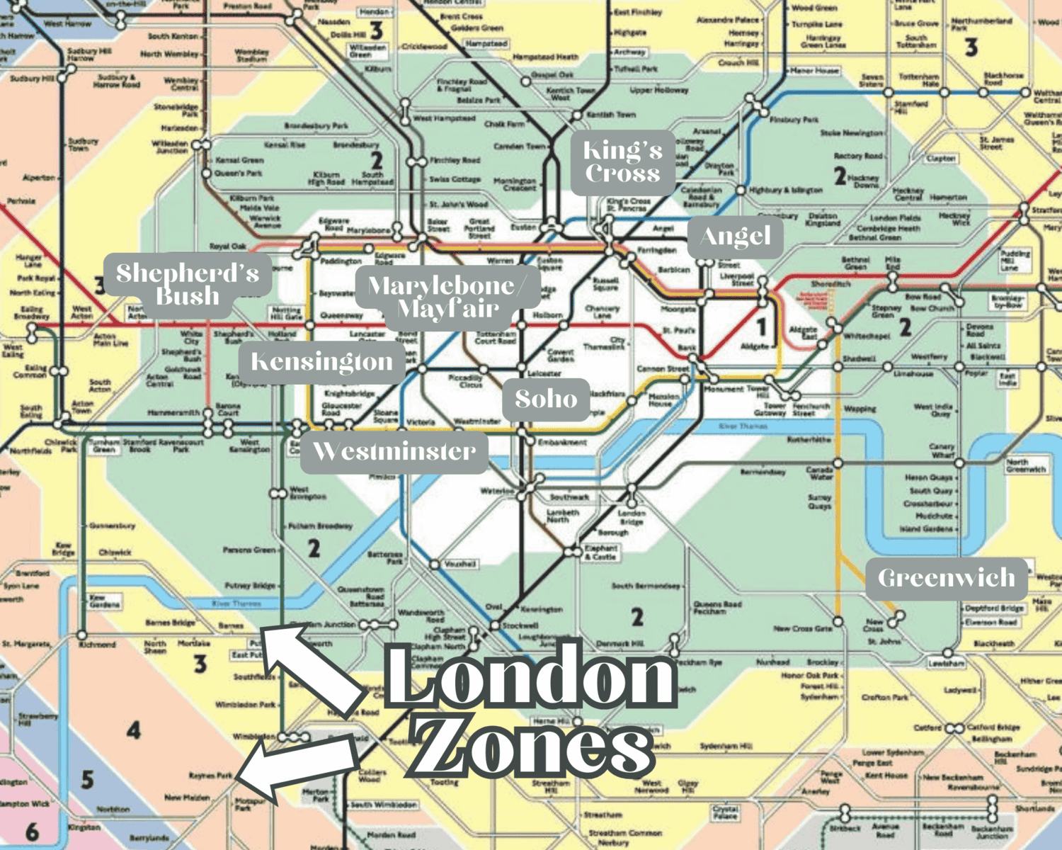 Here is a map of London divided but the different zones that specifically outlines central London and the Underground lines that run through these areas.