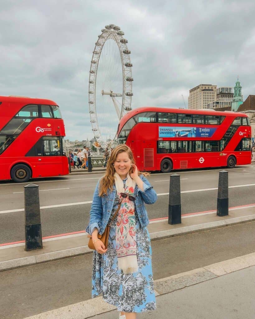 One of the best views of the London Eye can be seen on Westminster Bridge. You will also find plenty of double-decker, red buses going by that create the perfect photo opportunity.