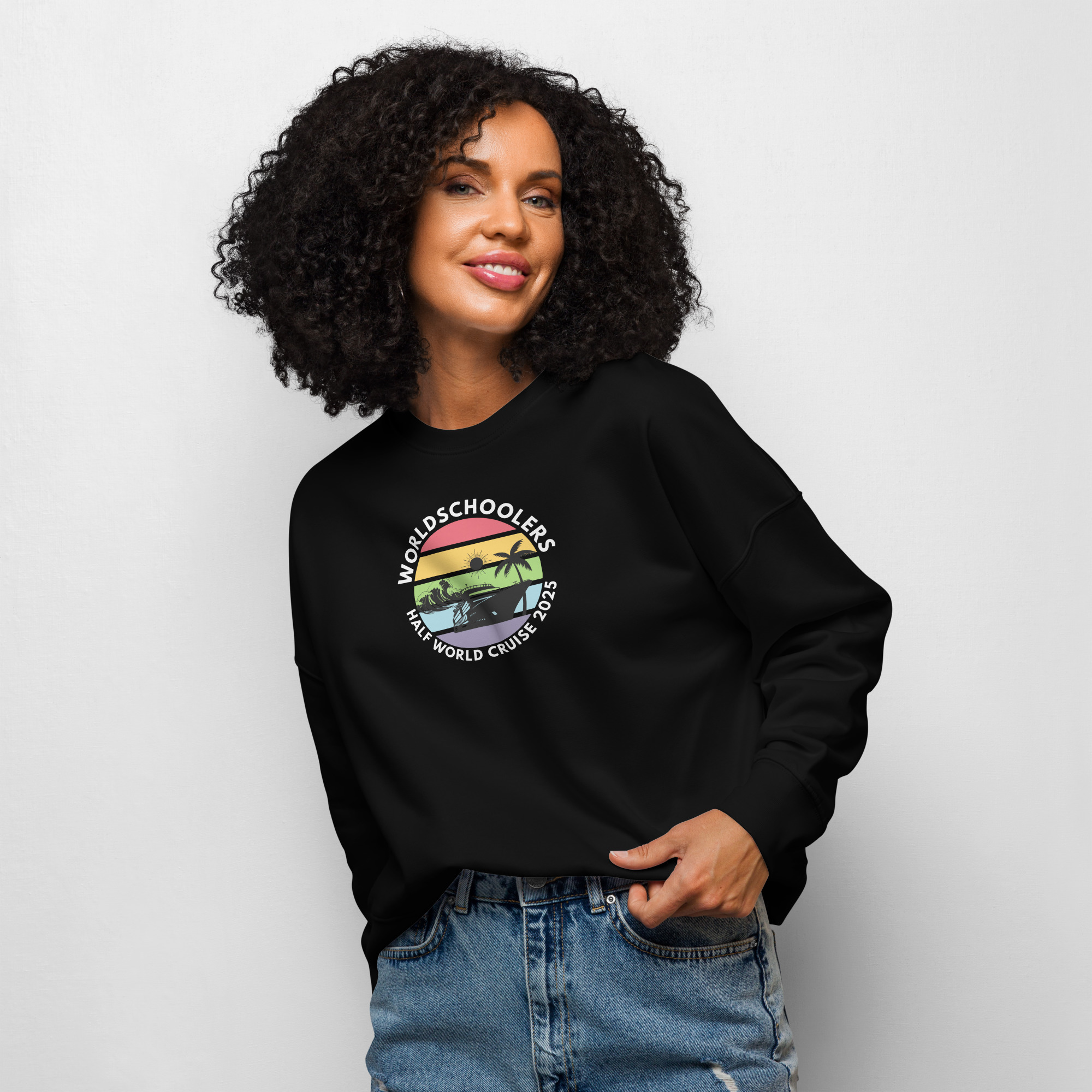 Women’s Organic Sweatshirt | White Font | Half World Cruise 2025