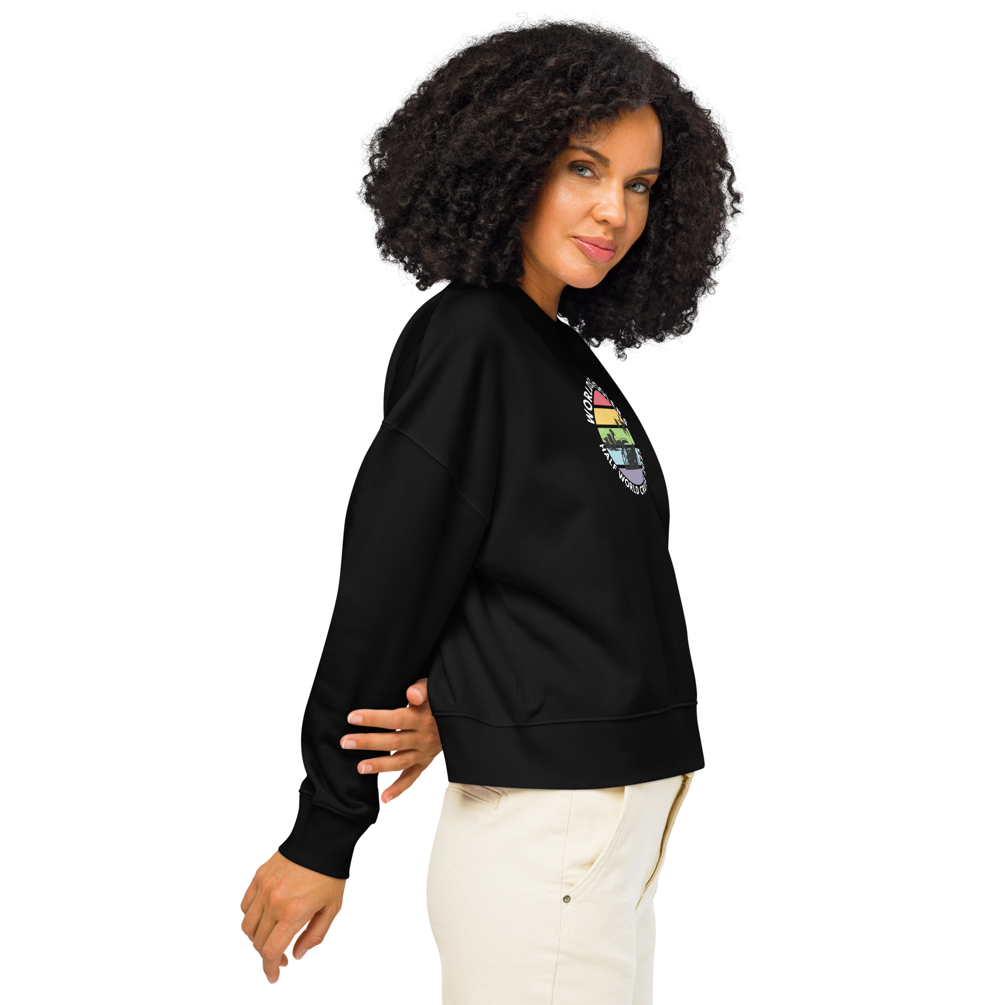 Women’s Organic Sweatshirt | White Font | Half World Cruise 2025