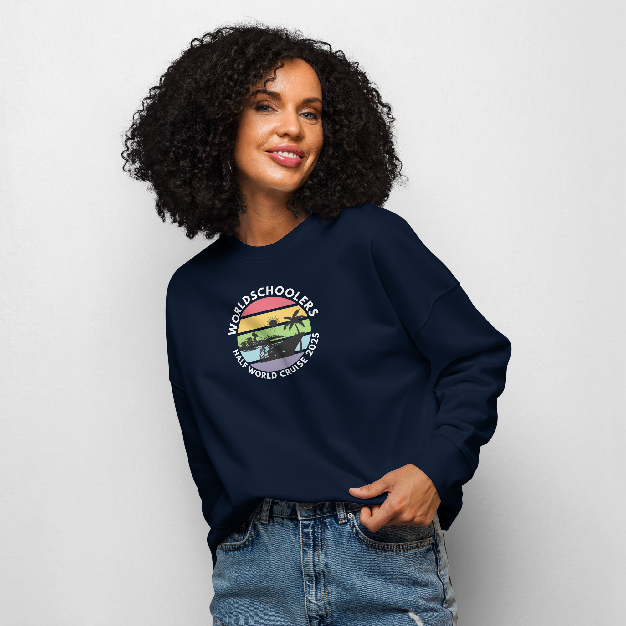 Women’s Organic Sweatshirt | White Font | Half World Cruise 2025