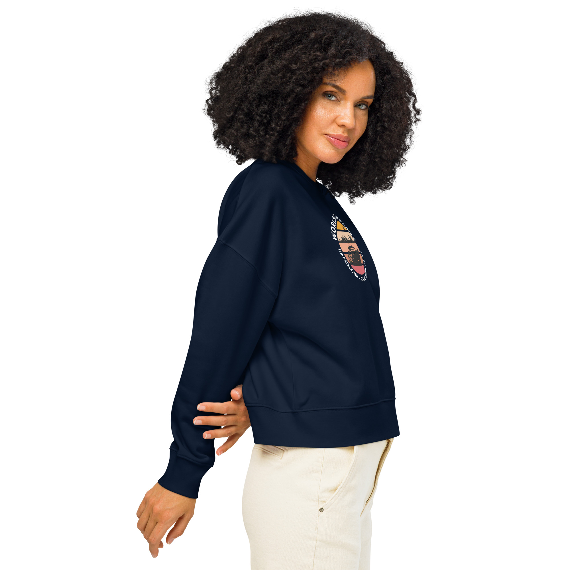 Women’s Organic Sweatshirt | White Font | Barcelona - Cape Town 2025