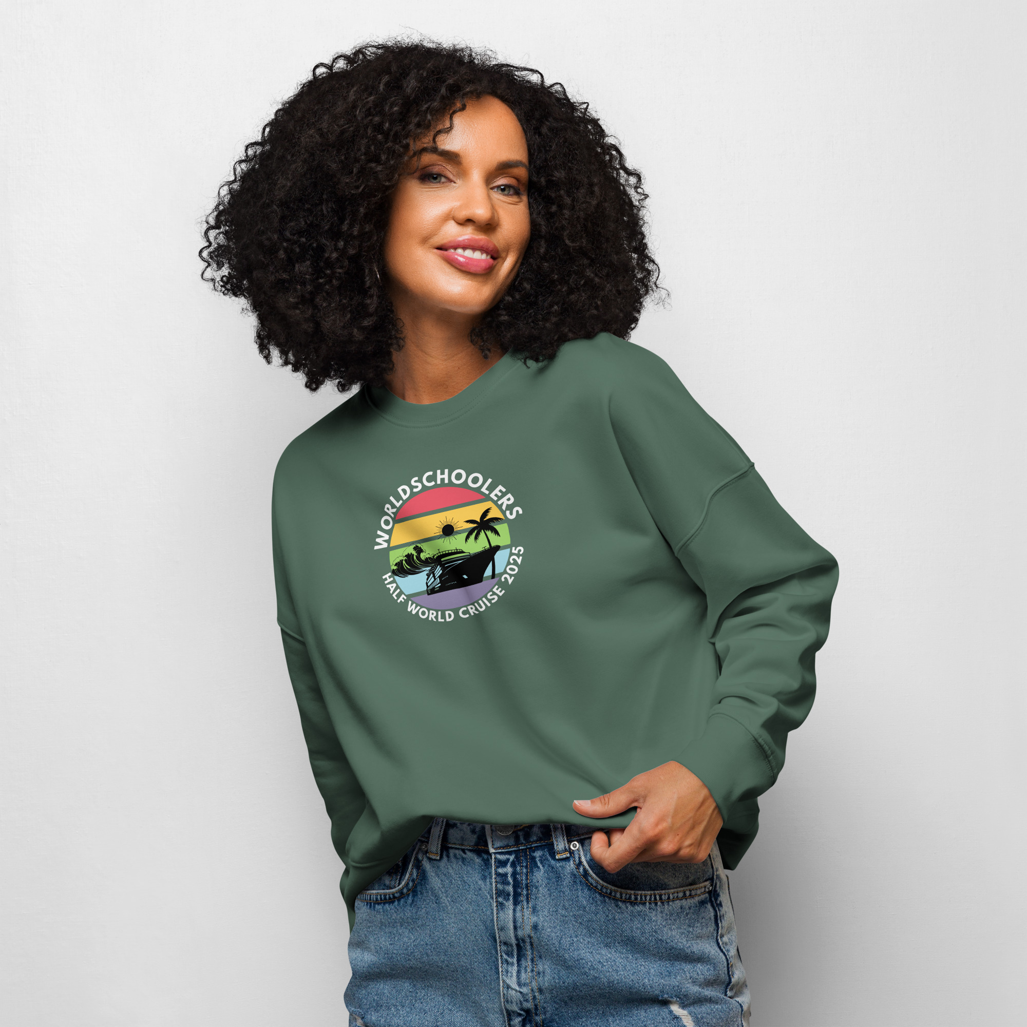 Women’s Organic Sweatshirt | White Font | Half World Cruise 2025