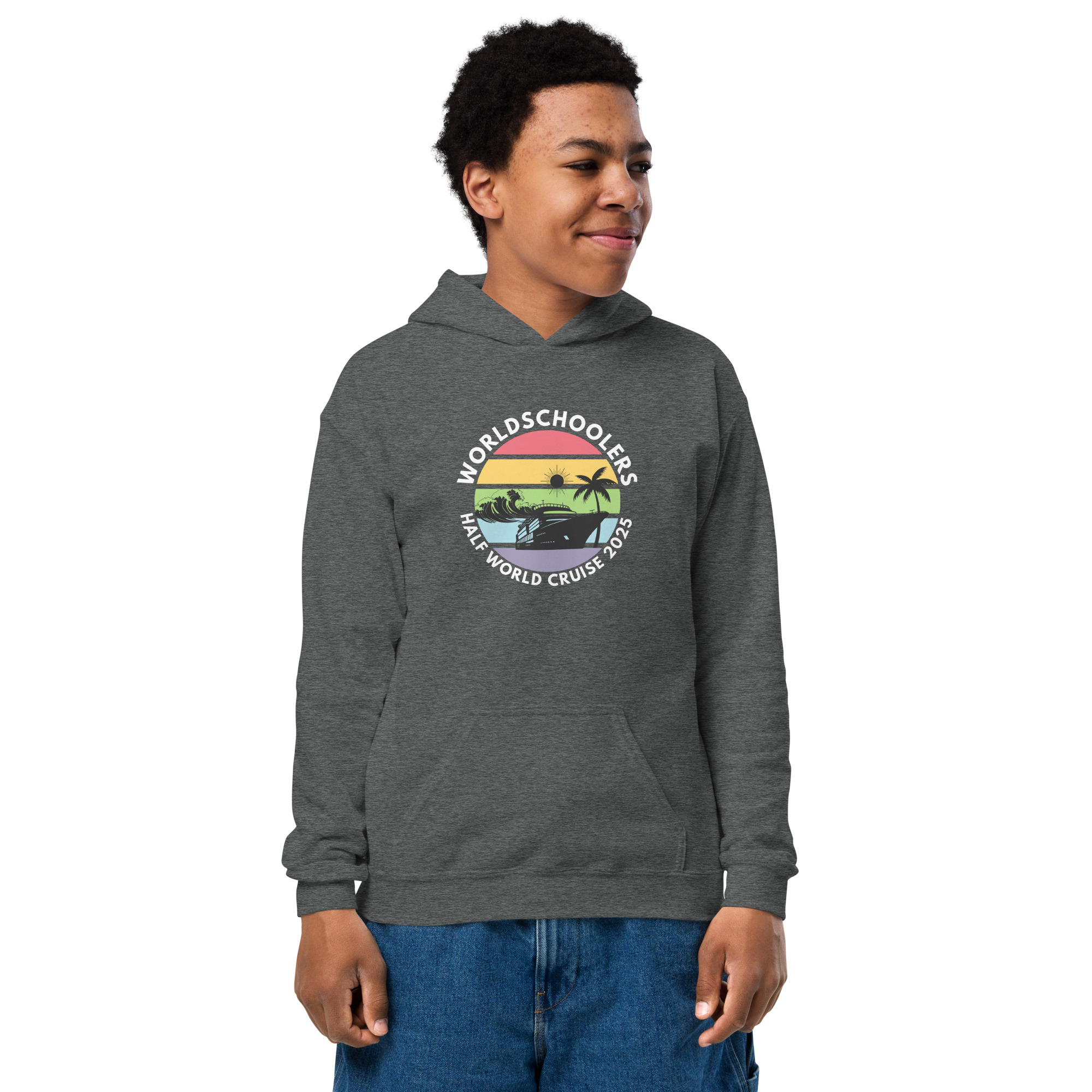 Youth Heavy Blend Hoodie | White Font | Half World Cruise 2025