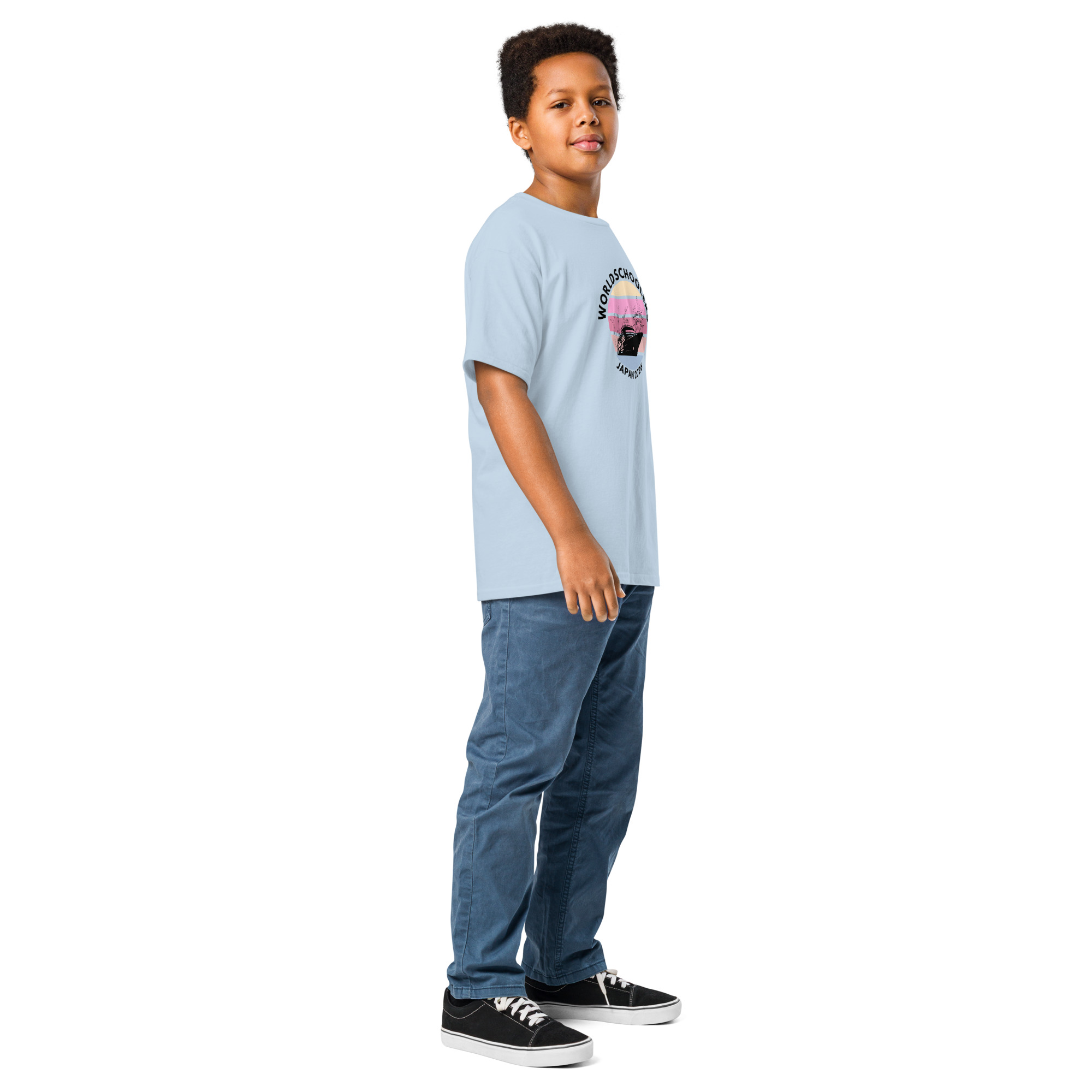 Boy wearing Melody Lane Japan 2026 Youth Classic Tee, casual outfit, standing against white background.