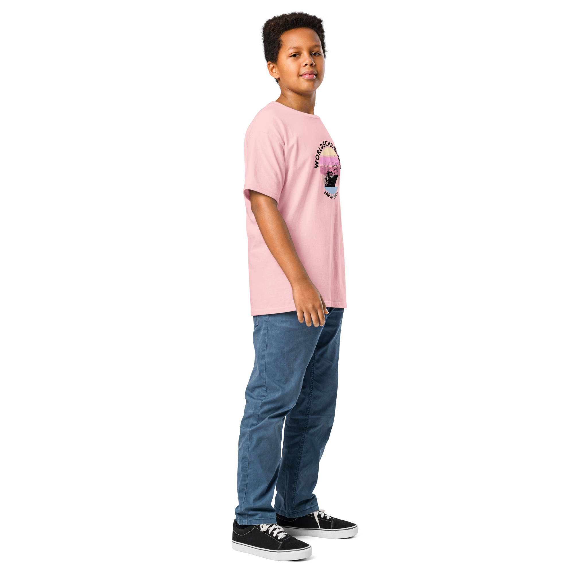Youth boy wearing a pink Japan 2026 themed graphic tee, standing in casual pose. Perfect for kids' fashion and event-themed apparel.
