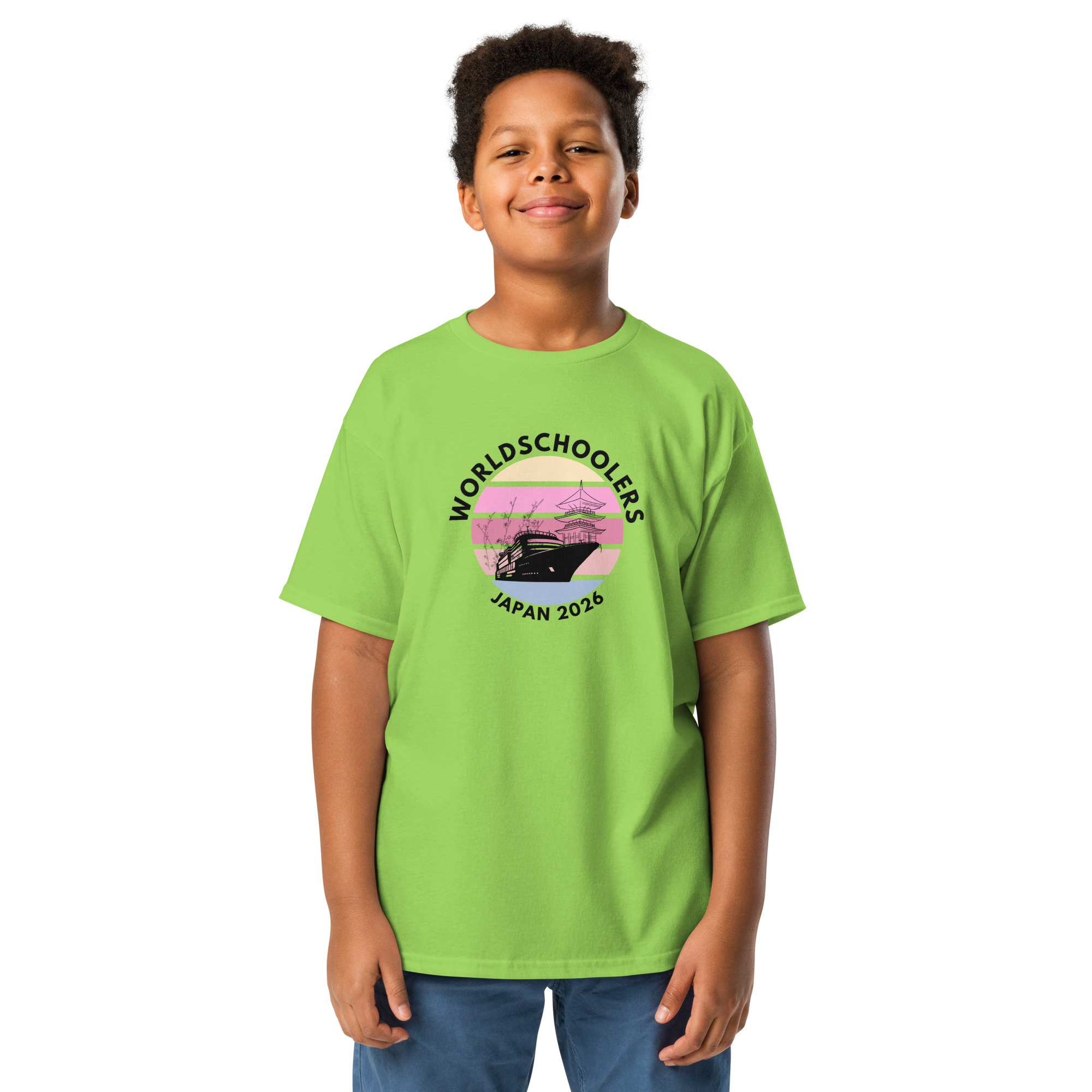 Child wearing a bright green Japan 2026 Youth Classic Tee with a graphic design, perfect for fans of Japan 2026 and youth sports apparel.