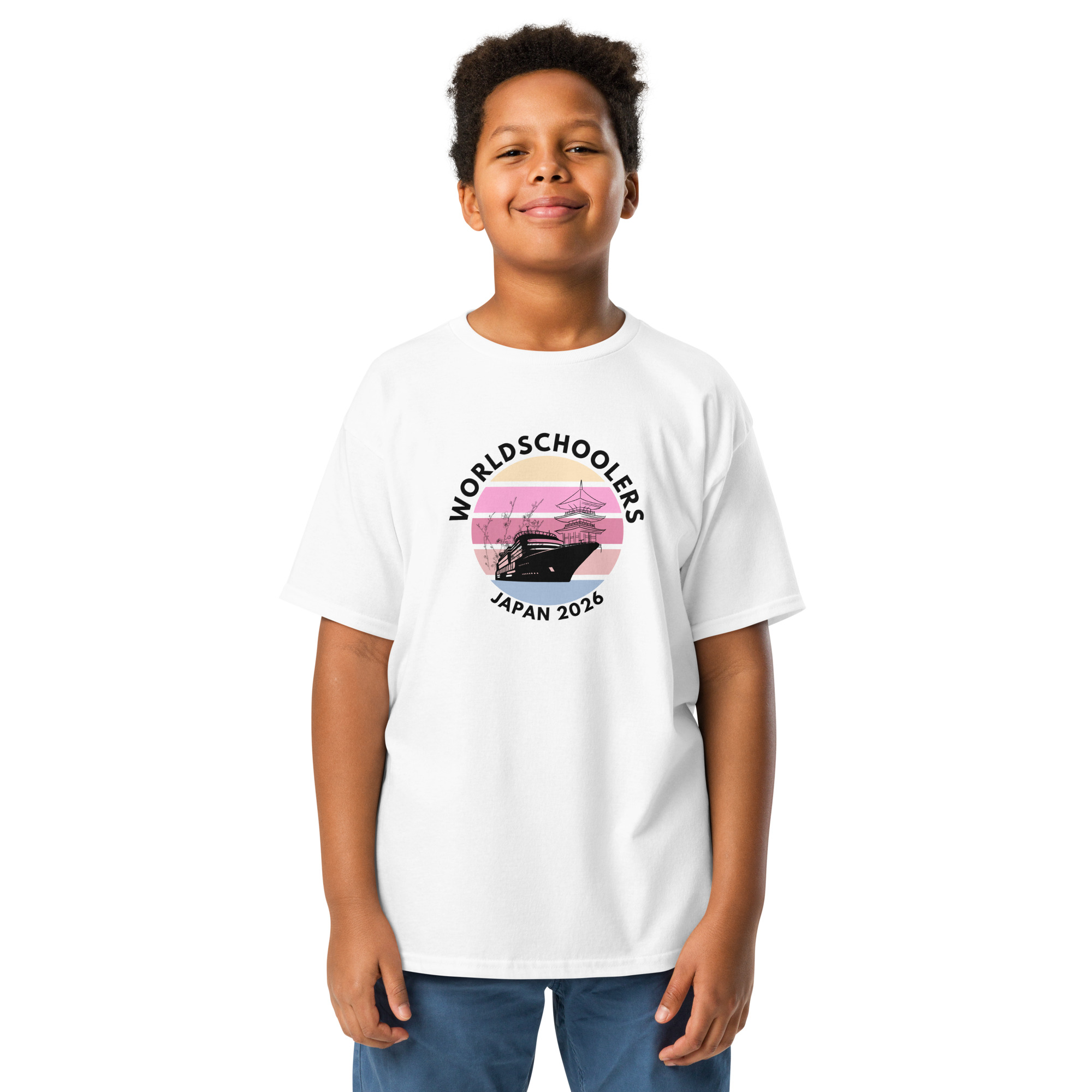 Child wearing Japan 2026 Youth Classic Tee with graphic design, perfect for fans of Japanese culture and travel. Comfortable youth t-shirt featuring a stylish Japan-themed print.