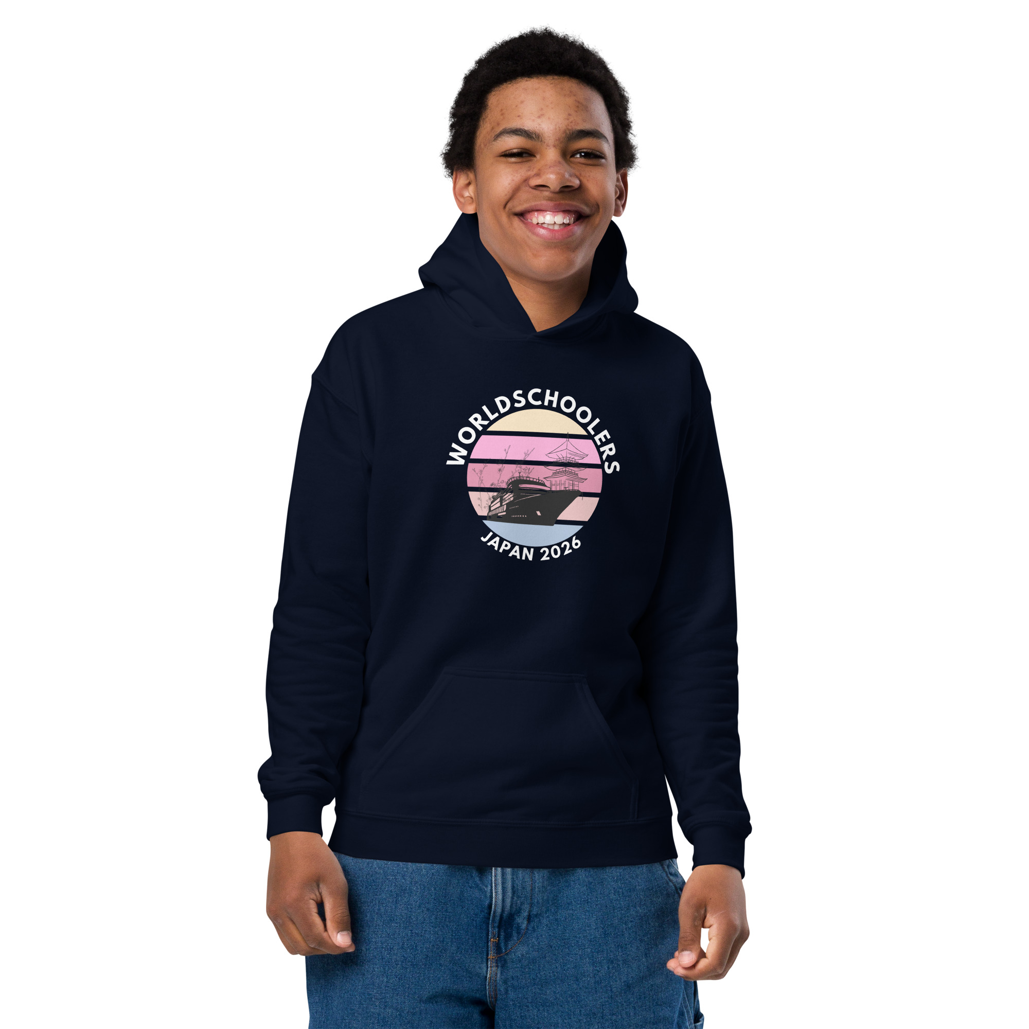 Youth hoodie featuring Japan 2026 World Schools logo, perfect for fans of international sports and youth apparel. Comfortable, stylish, and ideal for casual wear or sports events.