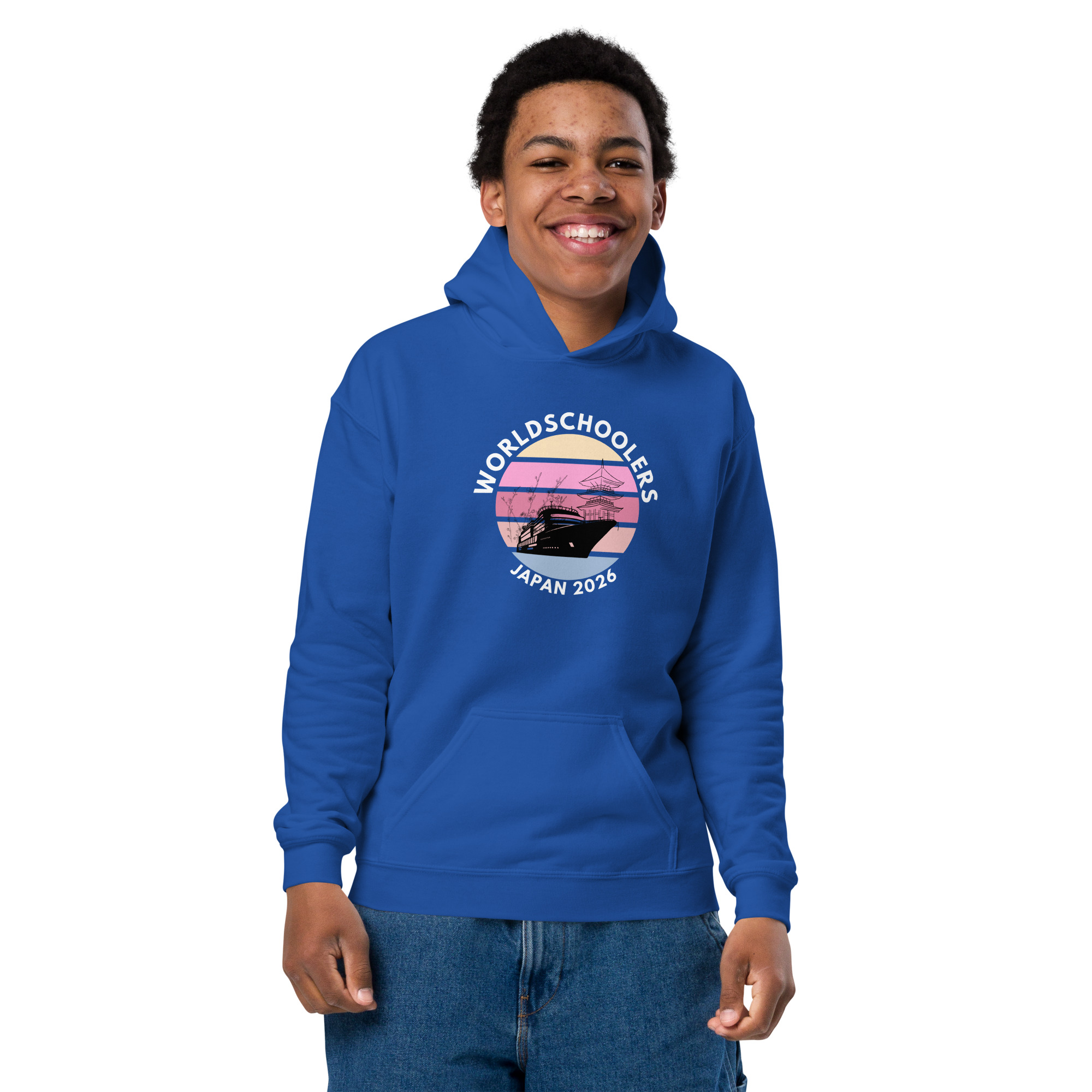 Youth hoodie featuring Japan 2026 World Schools logo, perfect for students and fans of international events, with a vibrant design and comfortable fit.