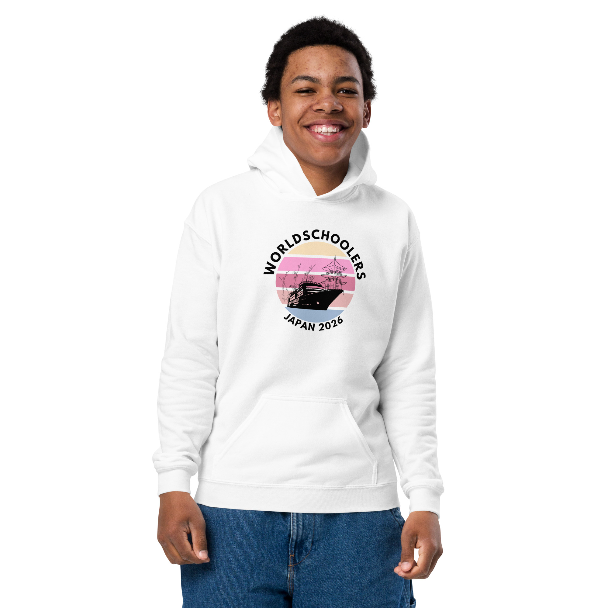 Youth hoodie featuring "World Schools Japan 2026" graphic design, perfect for students and youth attending international events or school trips to Japan.