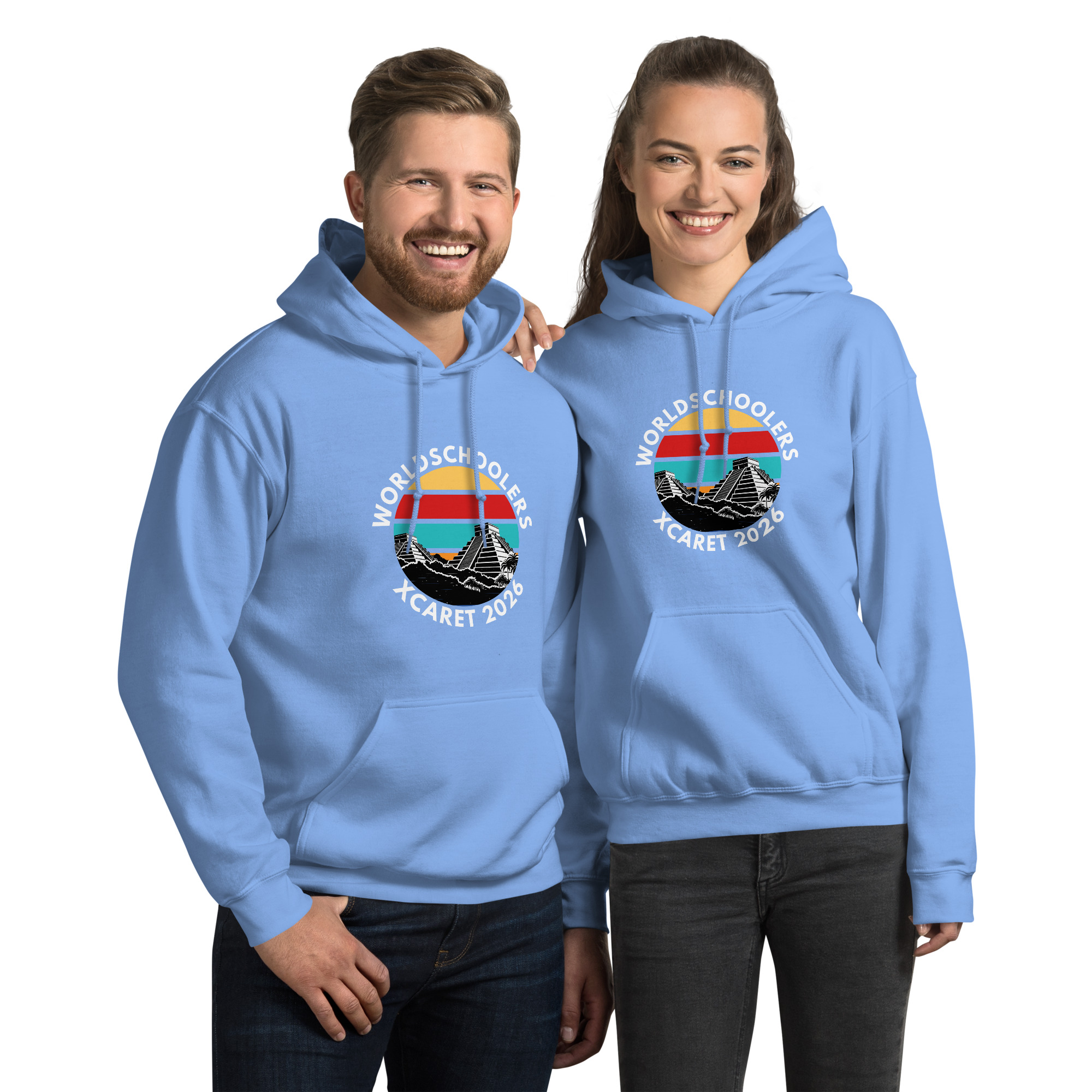 Unisex hoodie featuring Xcaret 2026 design, perfect for travel and vacation enthusiasts, showcasing vibrant colors and comfortable fit.