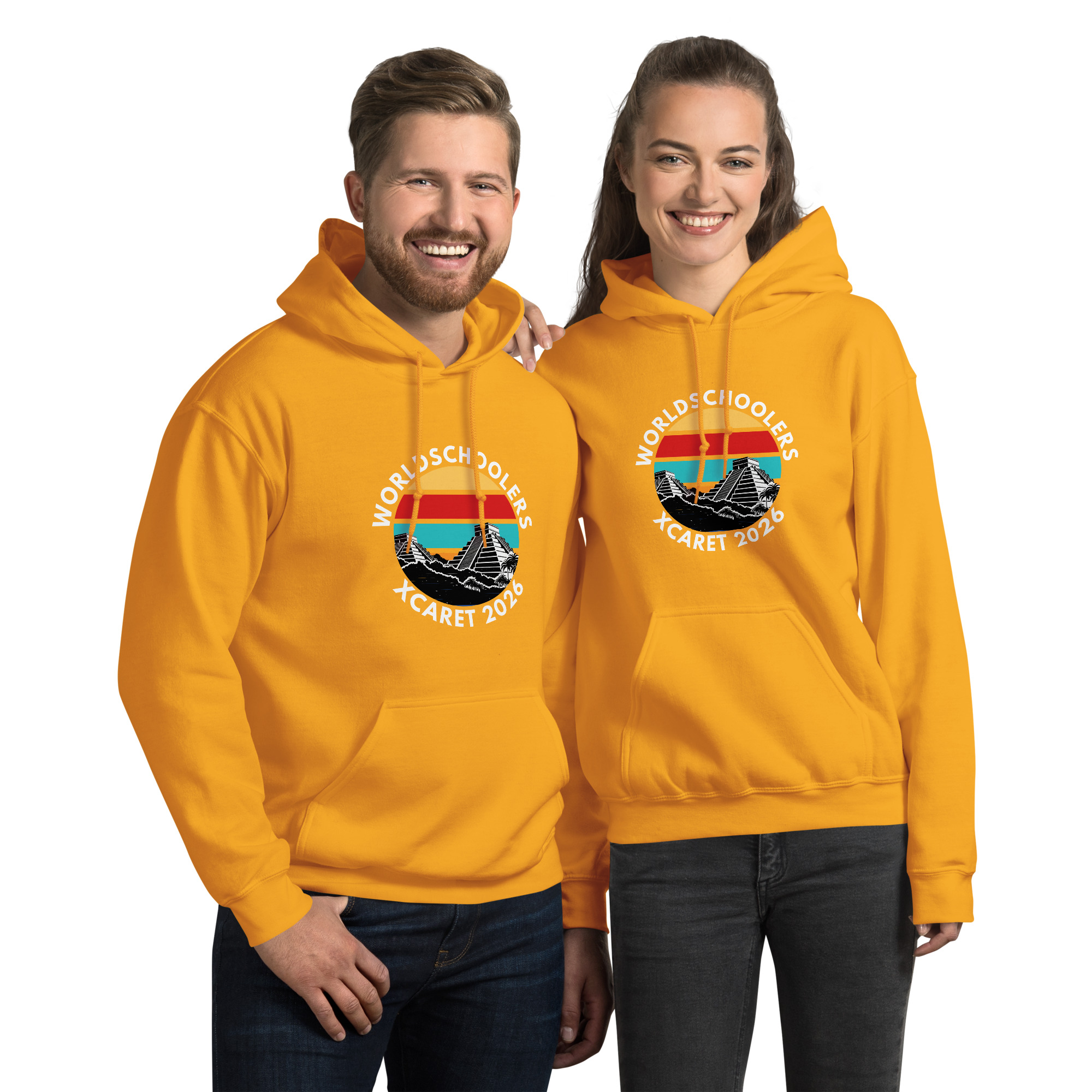 Unisex hoodies featuring Xcaret 2026 design, perfect for travel and vacation enthusiasts, showcasing vibrant colors and comfortable fit.