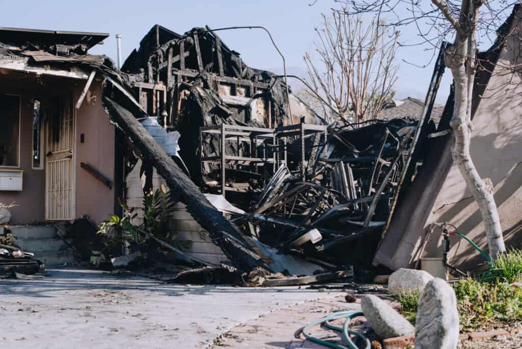 Charred remains of a house in Southern California, destroyed by the wildfires sweeping through Los Angeles County.