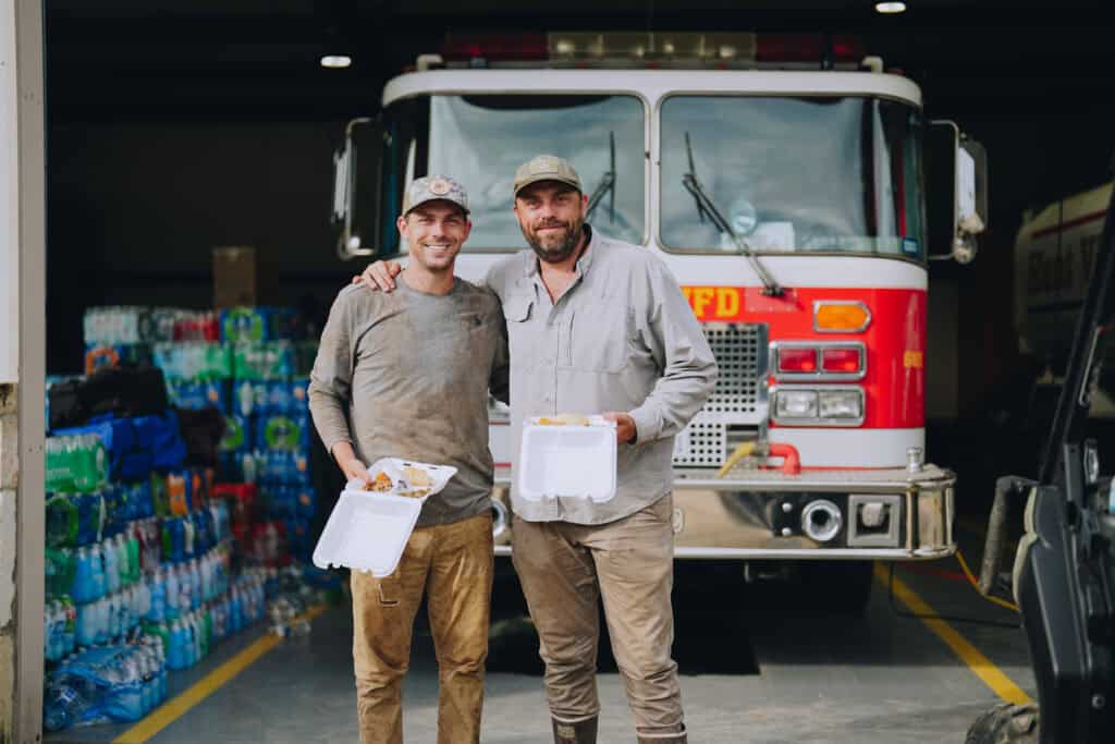 First responders eating Mercy Chefs meals in Kerr County, TX