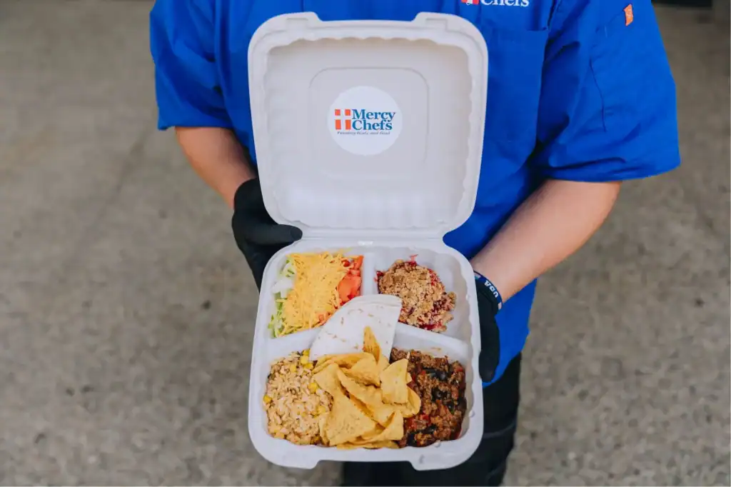 Mercy Chefs plate—taco filling, tortilla, Spanish rice, and raspberry compote, Washington