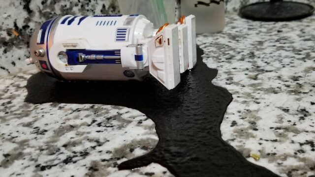 I came home to find my R2-D2 soy sauce dispenser doing its best impression of a murder scene.