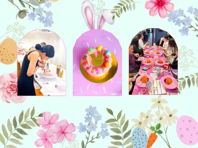 Children's birthday party with bunny-themed cake and guests at decorated table.