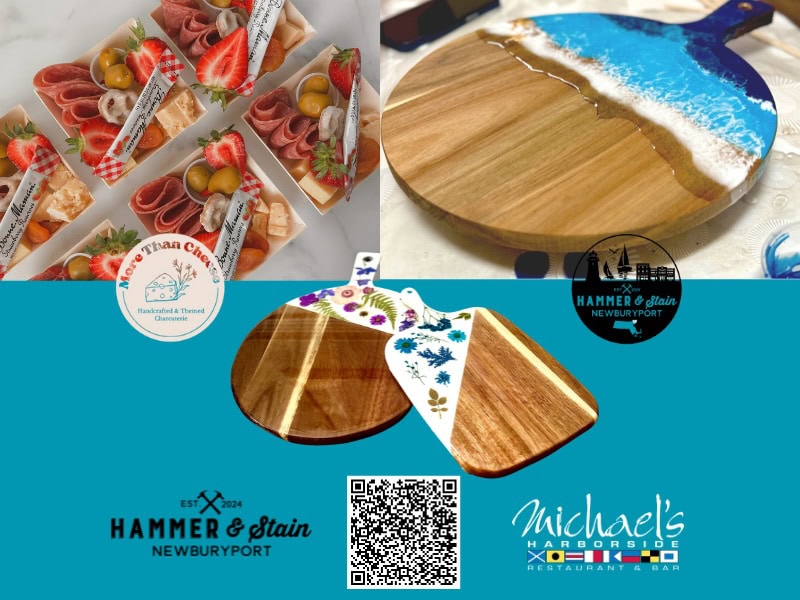 Assorted charcuterie and cheese platter, and wooden serving boards with ocean-themed art.
