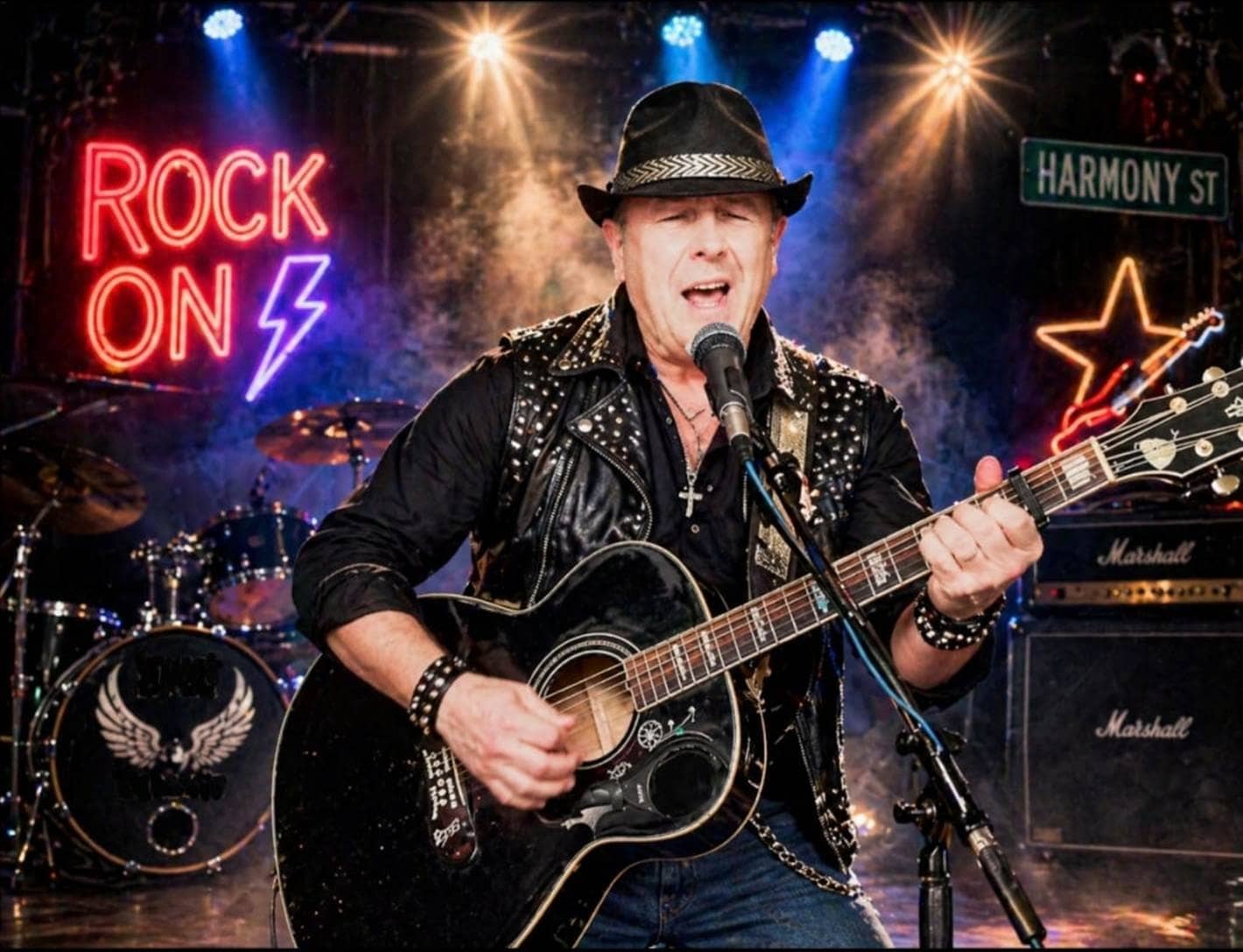 Musician performing with guitar on stage at Michael's Harborside with neon signs in background.