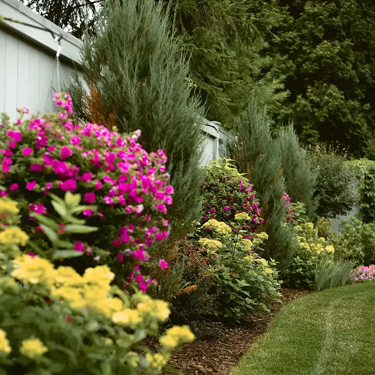 Beautiful garden with fencing, vibrant flowers, and lush greenery.