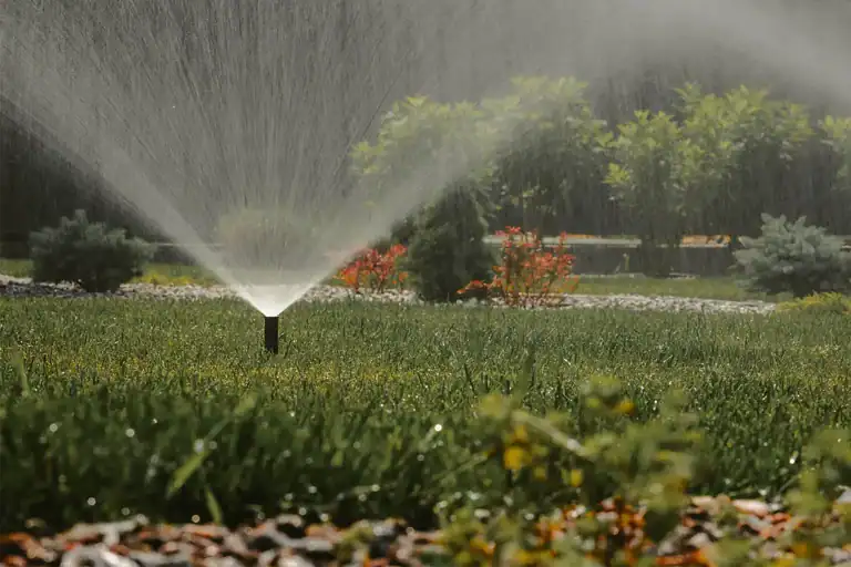 Irrigation sprinkler watering a horse arena with lush green grass and surrounding trees.