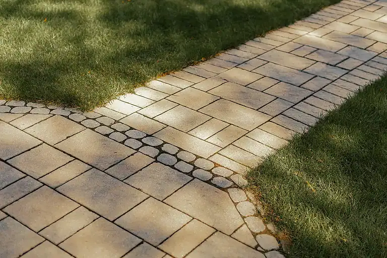 Decorative stone pathway with grass and paving stones at lakeside property.
