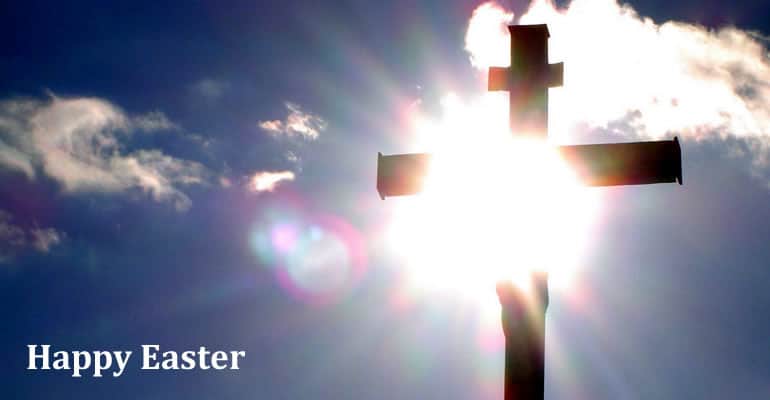 A cross with the words happy easter.