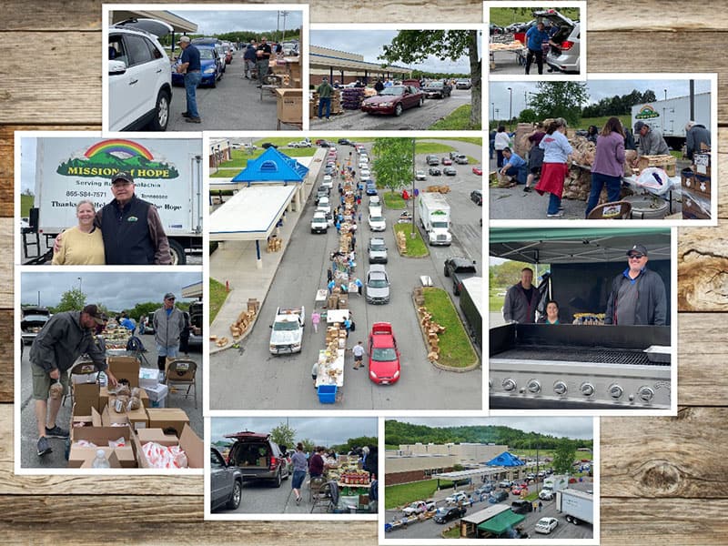 A collage of pictures of people at a farmers' market.