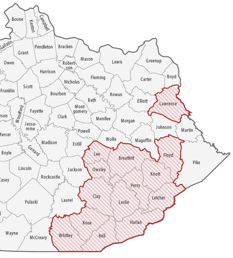 A map showing the counties being served by Mission of Hope Kentucky.