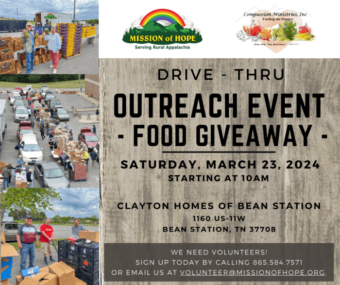 A flyer for the drive thru outreach event food giveaway.