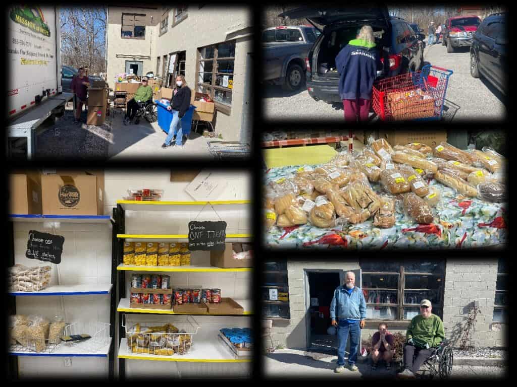 A collage of pictures of people in a grocery store.