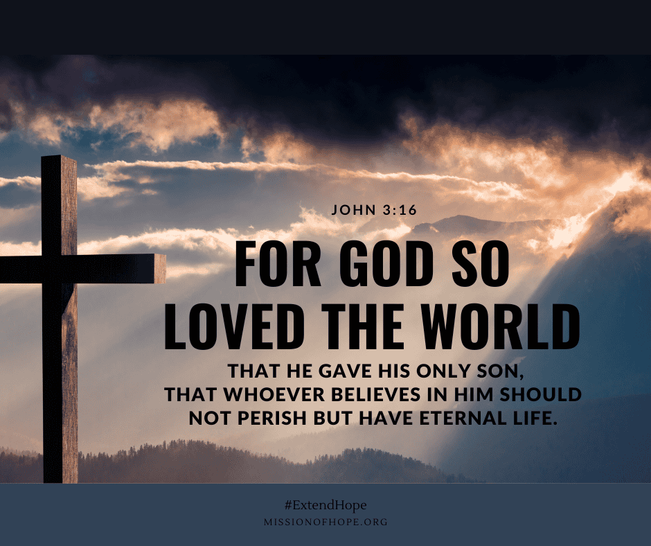 Silhouetted cross against a sunset with clouds and a biblical verse citation from john 3:16.