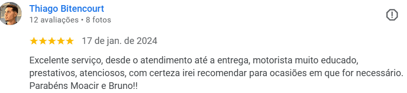 Avaliação 5 estrelas de Thiago Bitencourt para o serviço de guincho da Moacir e Bruno.