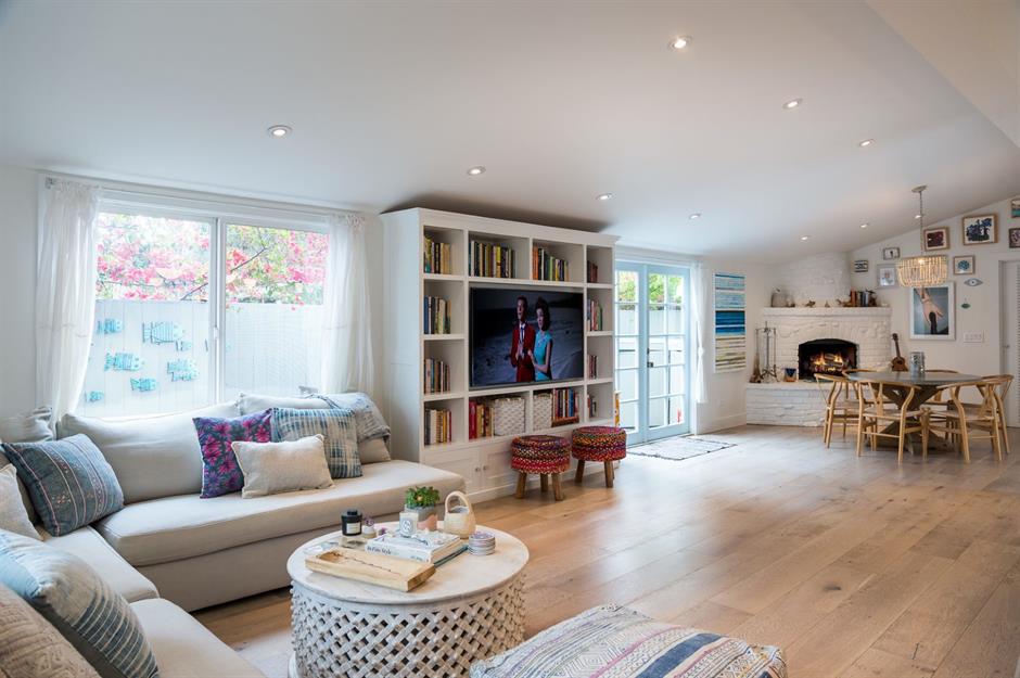 the living room in Pamela Anderson's Malibu double wide