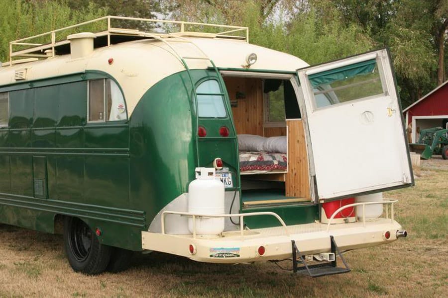 vintage buses-The Emerald Gypsy - Vintage Bus Conversions (Exterior End View)