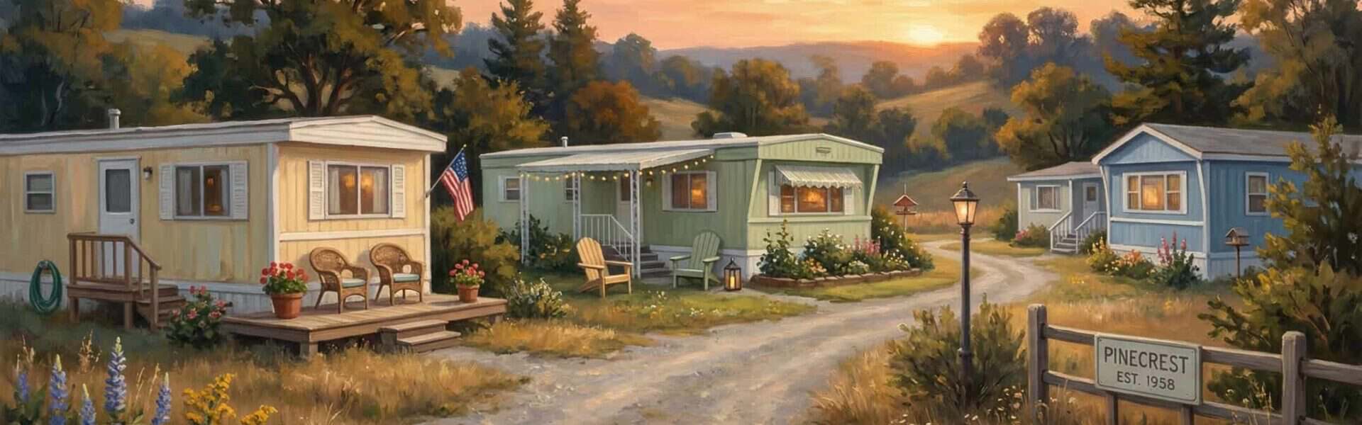 Colorful mobile homes in a scenic rural setting at sunset.