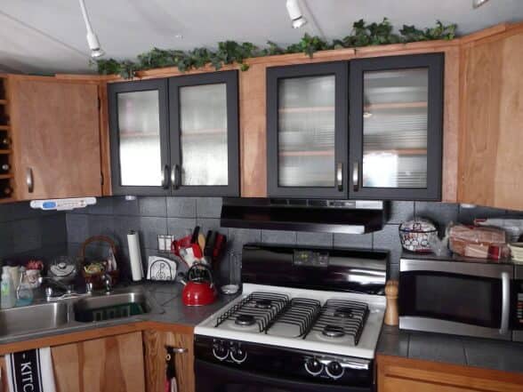 mobile-home-kitchen-with-wood-and-gray-cabinets Mobile Home Kitchen With Wood And Gray Cabinets
